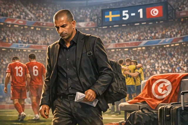 Tunisia head coach Sabri Lamouchi looking dejected on the sideline during the 5-1 World Cup defeat to Sweden
