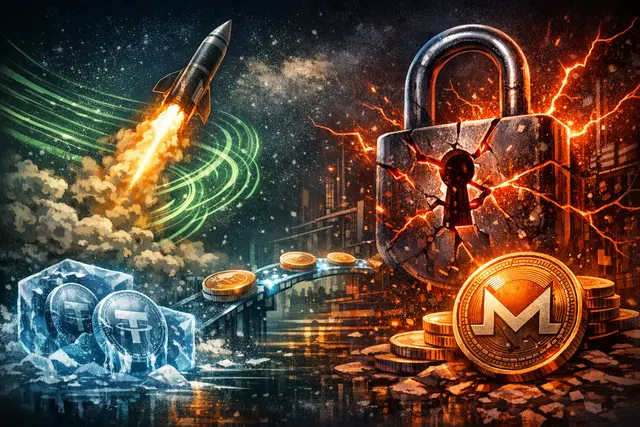 Abstract graphic depicting a crypto laundering trail through blockchains, with Monero spiking and Tether freezing assets
