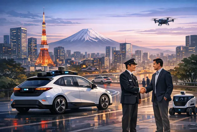 Concept illustration of a robotaxi in Tokyo, representing Uber's autonomous vehicle pilot launching in late 2026 with partners Nissan, Wayve, and Hinomaru Kotsu.
