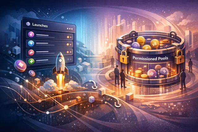 Uniswap interface illustration showing Launches tab beta and Permissioned Pools features on Robinhood Chain