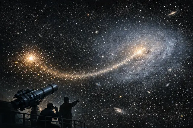 Artistic visualization of a globular cluster stellar stream in an ultra-diffuse galaxy, with a faint trail of stars stretching across a dark space background.