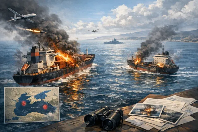AI-generated visual of a cargo ship under drone attack in the Black Sea near Odesa