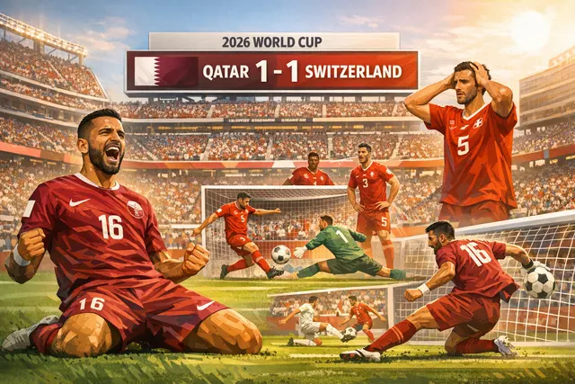 Qatar captain Boualem Khoukhi celebrates his dramatic stoppage-time equalizer against Switzerland during their 2026 FIFA World Cup Group B match at Levi's Stadium, Santa Clara, on