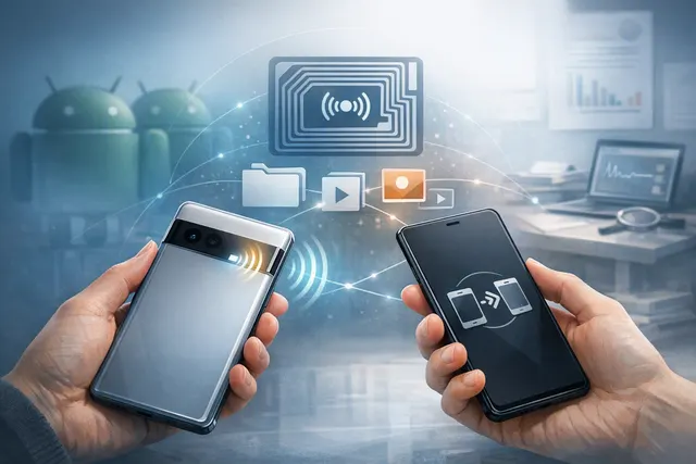 Two Android phones being tapped together to share content via Google's new Tap to Share feature, with an NFC antenna diagram overlay