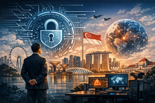 Editorial illustration of Singapore’s national cybersecurity leadership and the transition from David Koh to Gwenda Fong