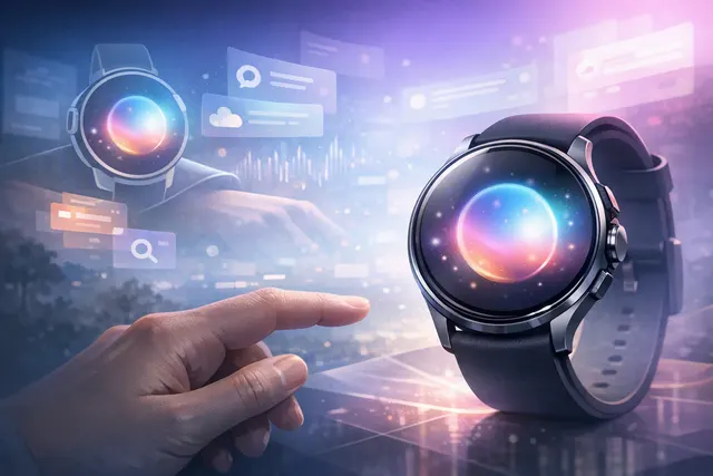 Google Gemini Glow Overlay on a Wear OS smartwatch showing a multi-color glowing animation over the watch face