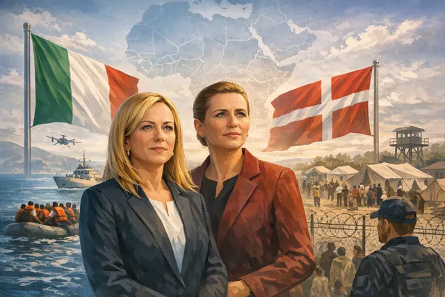 Editorial illustration of Italian PM Giorgia Meloni and Danish PM Mette Frederiksen standing together, representing their joint migration policy announcement in August 2026.