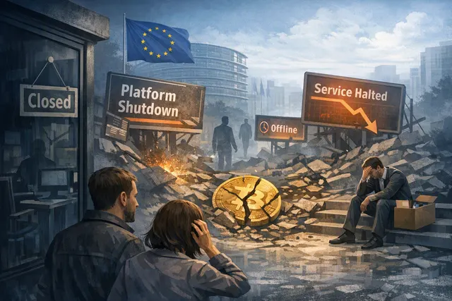 Illustration of EU MiCA crypto regulation, exchange migration and impersonation scams