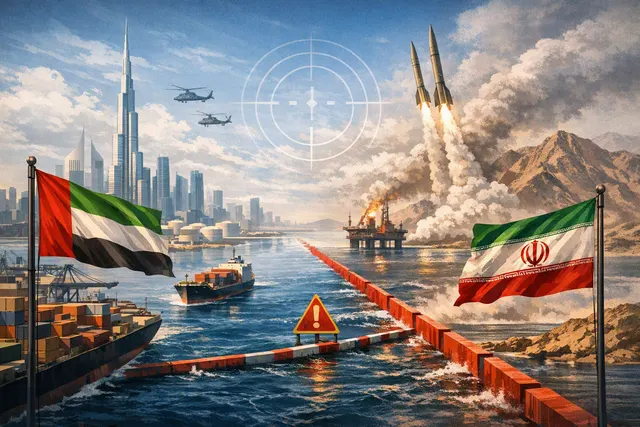 Editorial illustration of UAE–Iran tensions, Strait of Hormuz shipping disruption, gold, Bitcoin and Treasury bonds