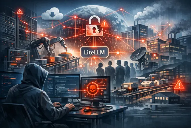 Abstract visualization of a cascading software supply chain attack with interconnected nodes and red warning indicators