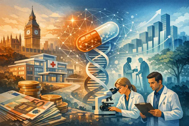 Abstract representation of medical technology and investment growth, symbolizing the British Business Bank's €25M commitment to EQT Life Sciences' EQT Health Economics 3 Fund for U
