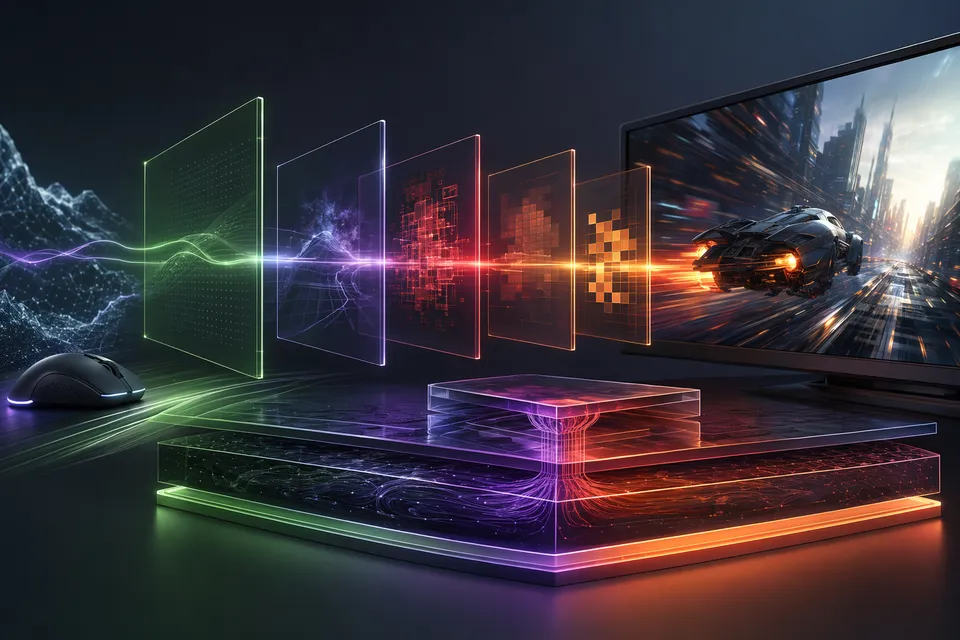 Conceptual illustration of a Vulkan layer reducing gaming latency across AMD, Nvidia, and Intel GPUs on Linux
