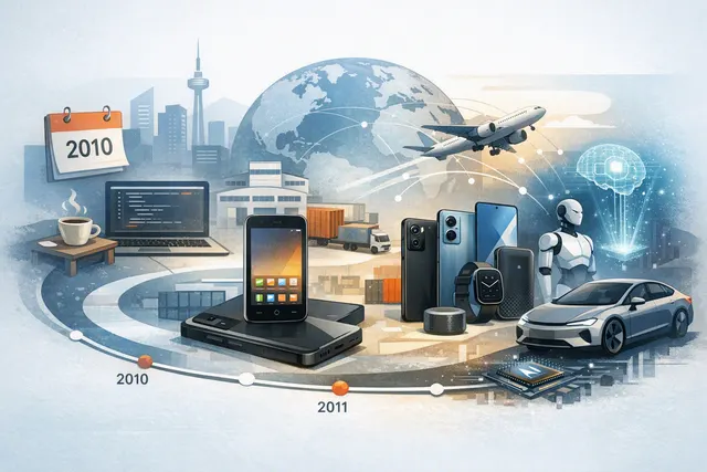 Editorial illustration of Xiaomi’s smartphone evolution from the Mi 1 to an AI-powered HyperOS ecosystem