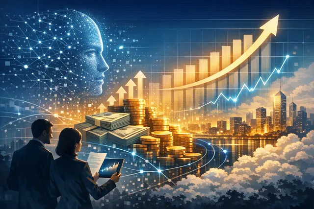 Abstract editorial illustration of AI infrastructure connecting to semiconductor manufacturing and European markets