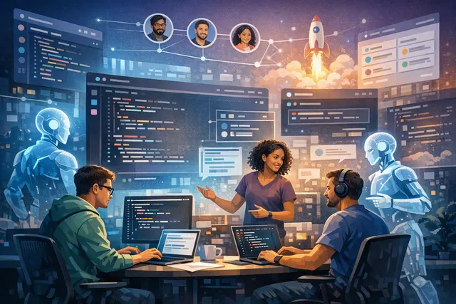 Illustration of developers, product managers, designers, and AI coding agents collaborating in a shared Slack code channel