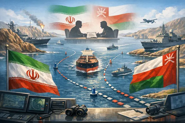 Aerial view of a commercial tanker navigating the narrow Strait of Hormuz, with the coastline of Iran and Oman visible in the background, illustrating the strategic chokepoint at t