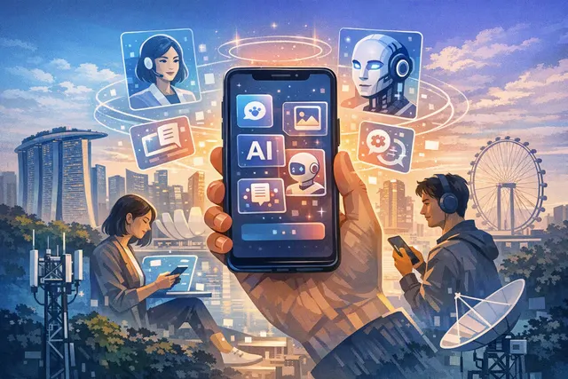 Illustration of a Singapore mobile phone plan bundling access to multiple AI assistants