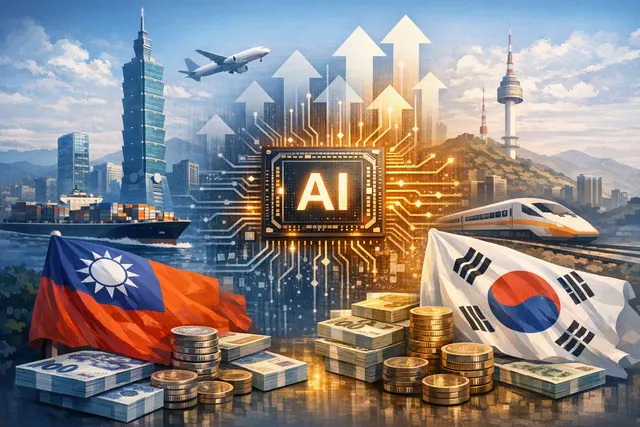 Stock market chart and semiconductor chips illustrating AI chip demand driving currency and equity market rally in Taiwan and South Korea