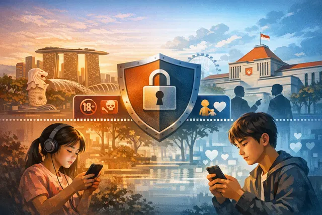 Illustration of children and teenagers using social media behind layered digital safety safeguards