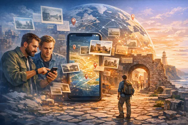 Wrinkles AI-powered audio tour guide app interface showing points of interest on a map with audio story playback