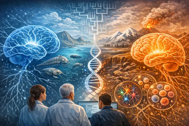 Artistic representation of a glowing DNA double helix intertwined with a luminous human brain, set against a dark cosmic background, symbolizing the link between ancient genome dup