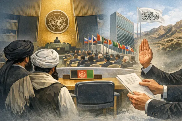 A conceptual image representing the United Nations General Assembly hall with an empty or disputed seat for Afghanistan, symbolizing the Taliban's continued exclusion from the worl