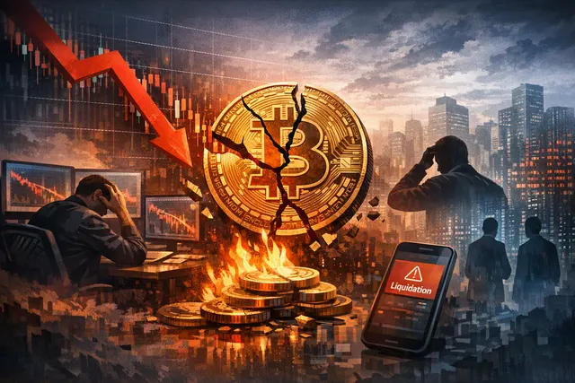 A dramatic digital illustration of a crashing cryptocurrency market with red candlesticks, liquidated positions, and Bitcoin and Ethereum symbols to represent the $115 million futu
