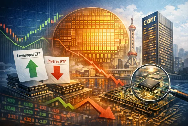Graphic illustration of memory chip ETFs and stock market charts with Shanghai skyline in background, representing CXMT debut and new leveraged memory ETFs
