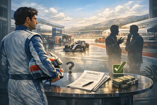 Carlos Sainz in Williams Racing F1 car at a Grand Prix, with contract and Red Bull silhouette graphics overlaying the scene