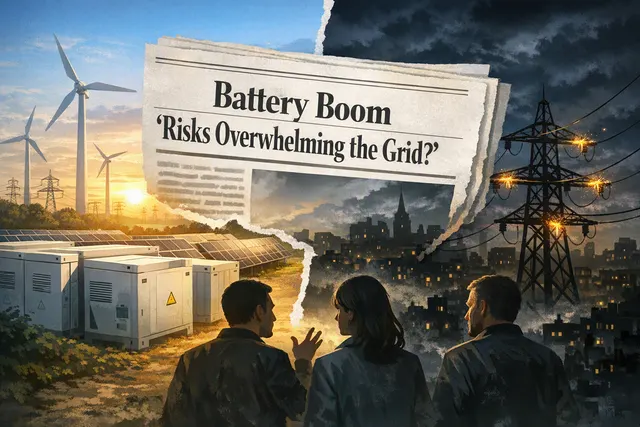 A grid of large battery storage containers at a solar farm, with transmission lines in the background, illustrating Europe's battery storage boom.