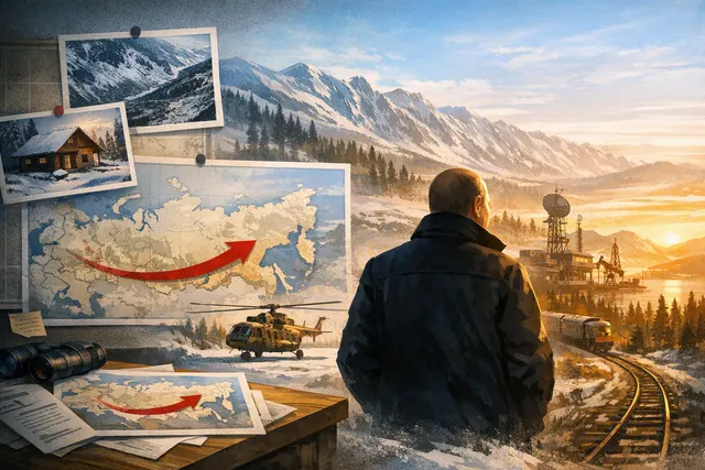 Editorial illustration of Vladimir Putin’s reported eastward travel amid Ukrainian drone attacks on the Moscow region