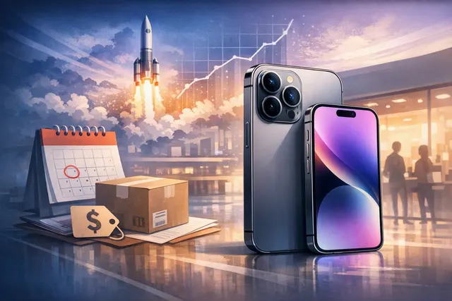 Concept render of an iPhone 18 Pro and Pro Max against a futuristic circuit-board background with rising price arrows and memory chip icons.