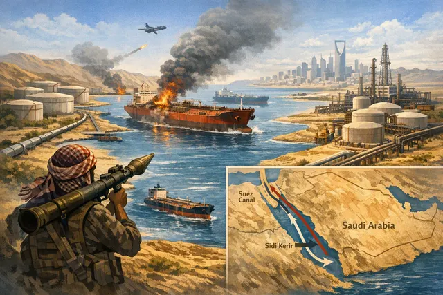 Oil tanker route map showing Saudi Arabia, Yanbu, the Red Sea, Bab el-Mandeb, Egypt’s SUMED pipeline and Sidi Kerir