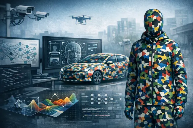 Conceptual image of adversarial camouflage pattern against a surveillance camera
