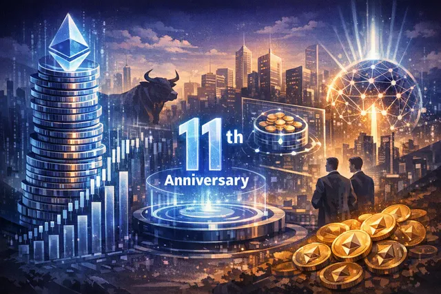 Ethereum 11th anniversary infographic showing record staking, wallet milestones, and institutional rotation data