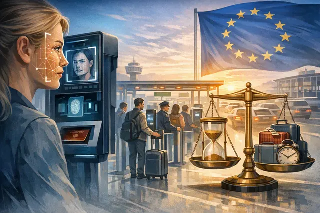 Digital illustration of a crowded airport passport control queue with biometric scanning kiosks and EU flags, representing the EES border check delays in summer 2026.
