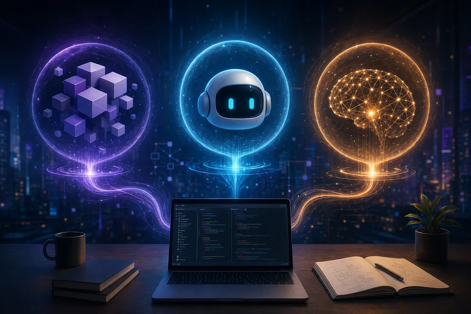 Developer workstation comparing AI coding assistants including Copilot, Cursor and Claude Code