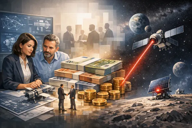 Conceptual illustration of a satellite transmitting a laser beam to another satellite in orbit, representing ORiS's wireless power transmission technology.