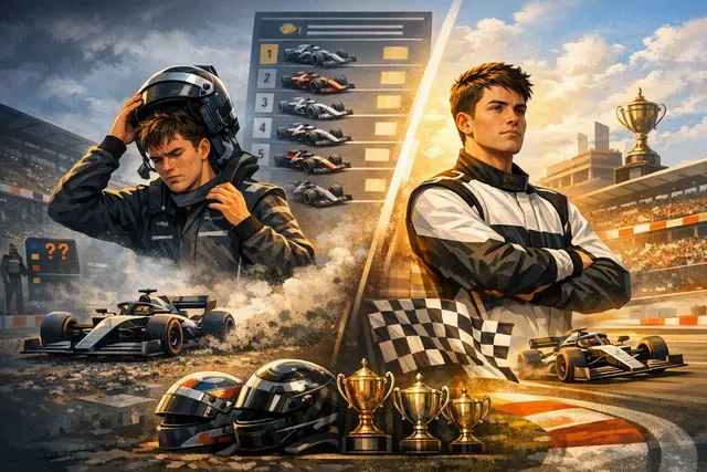Kimi Antonelli in Mercedes race suit celebrating a Formula 1 victory, with championship leader graphics