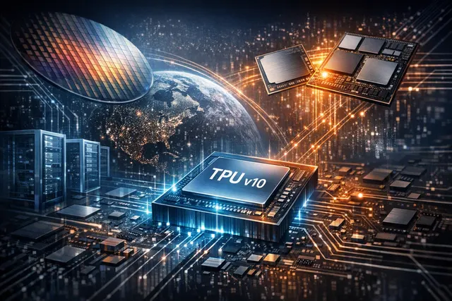 Editorial illustration of a Google TPU accelerator connected to AMD CPU chiplets in a futuristic AI server package