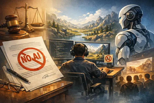 A gavel, keyboard, and game controller on a desk, representing the intersection of video game law and generative AI contracts.