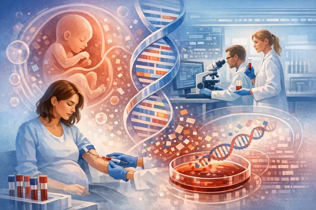 Digital illustration of a maternal blood draw connecting to a glowing representation of fetal DNA sequencing, symbolizing non-invasive prenatal genetic testing.