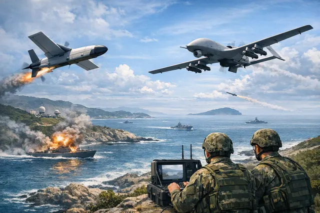 Editorial concept image of drones over a coastal area during twilight, representing Taiwan's new drone capabilities tested in the 2026 Han Kuang exercise for its hellscape defense