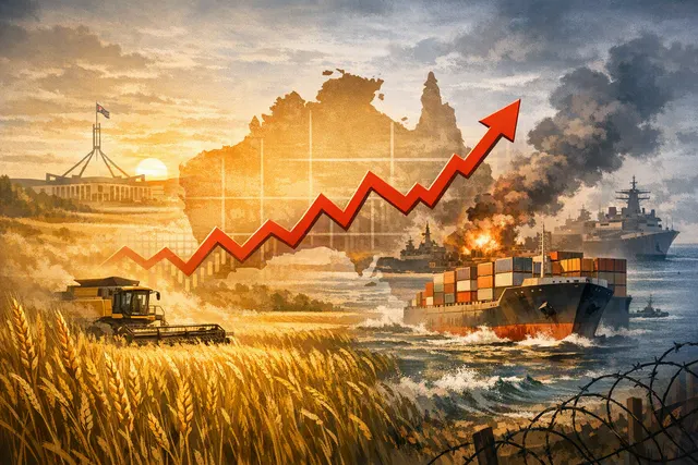 Aerial view of a wheat harvest scene with a cargo ship on the horizon, symbolizing global grain supply chains