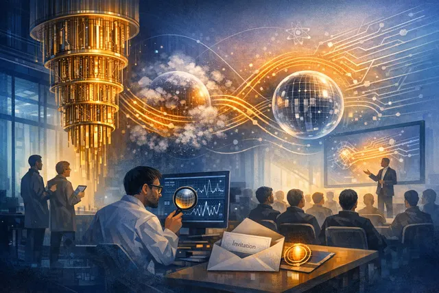 Conceptual illustration of a quantum computer processor with glowing qubits, representing IBM's quantum advantage demonstrations in 2026.