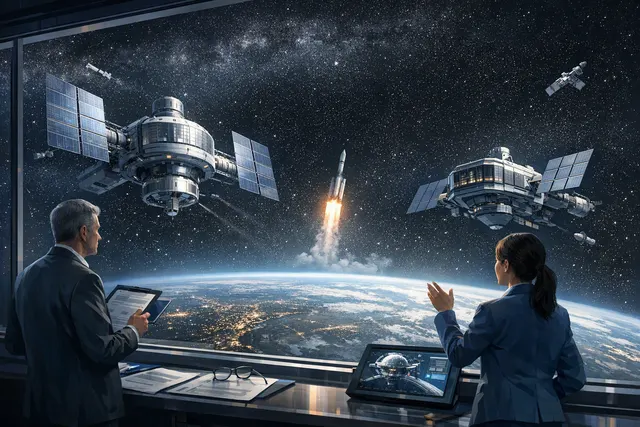 Satellite with solar panels and heat radiators in low Earth orbit representing an orbital AI data center, with glowing data streams and the curve of Earth visible in the background