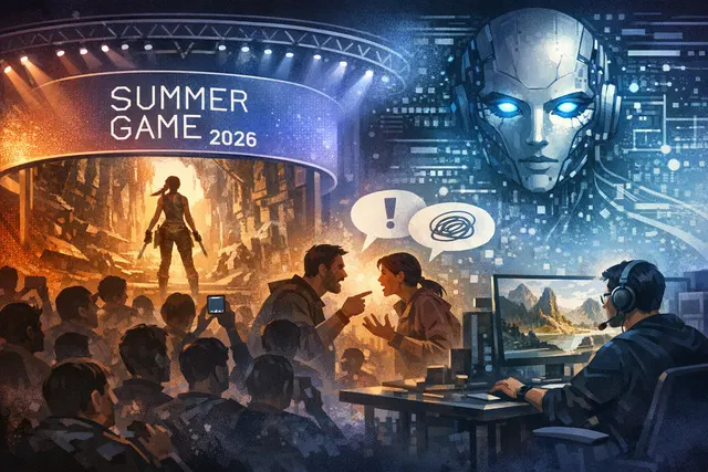 Illustration of a split-screen video game conference: on one side, a developer using a glowing AI hologram; on the other, angry players holding protest signs reading 'No AI Slop' a