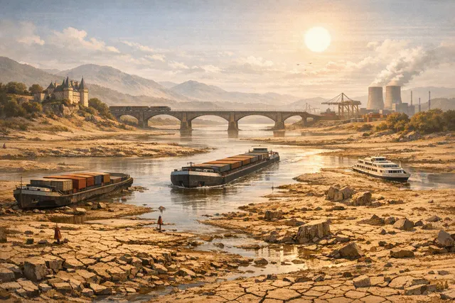 Aerial editorial illustration of drought-stricken European rivers, dry fields and cargo vessels affected by low water levels