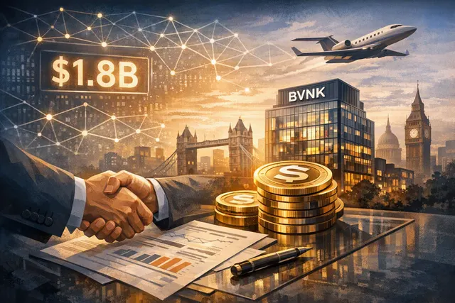 Abstract digital illustration of a Mastercard merging with blockchain and stablecoin infrastructure, representing the BVNK acquisition.