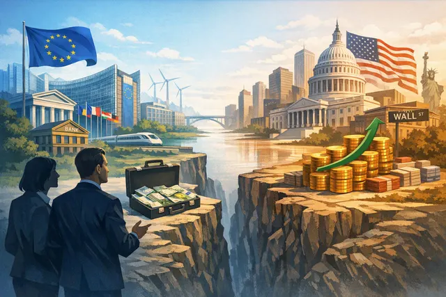 Illustration of European and U.S. bank towers separated by capital-rule documents and regulatory symbols